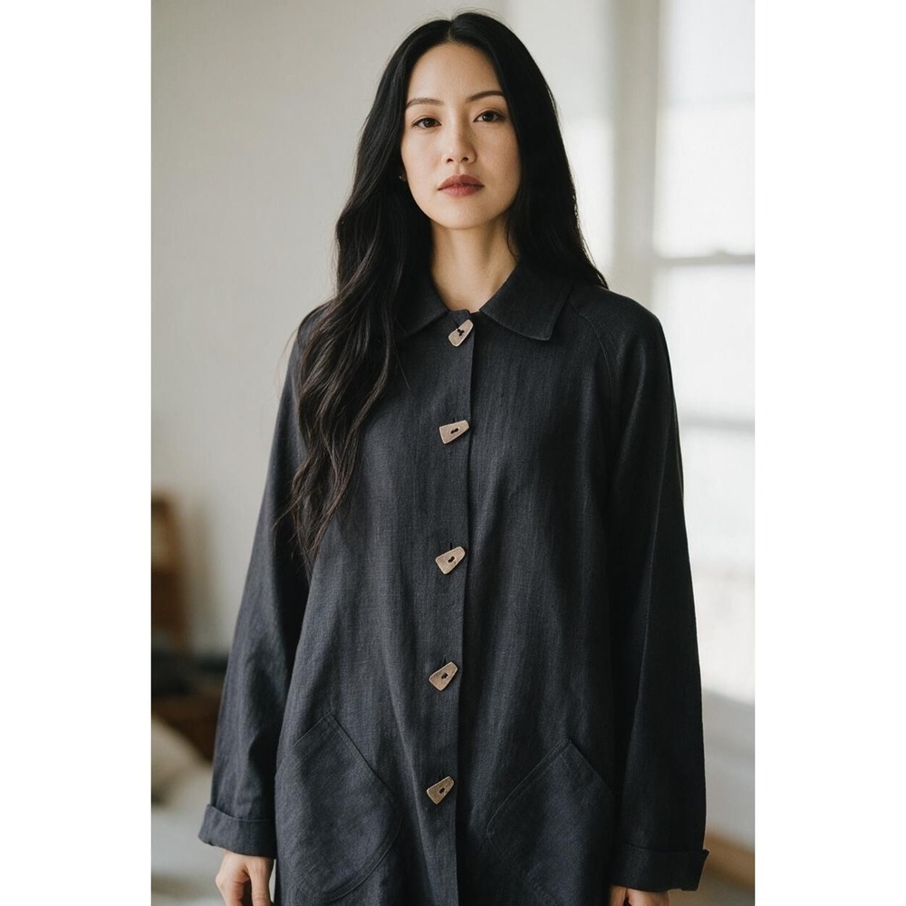 J. Jill Womens Medium Black 100% Linen Longline Toggle Button Jacket Coat